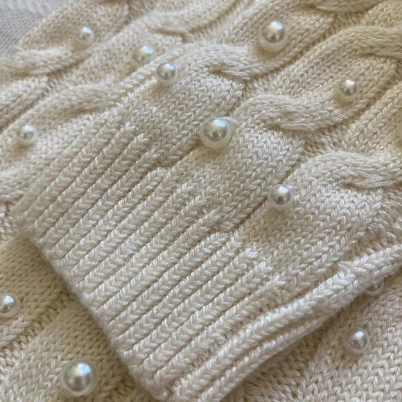 BOSTON PROPER WHITE PEARL ACCENTED CABLE KNIT V-NECK SWEATER XS - Picture 4 of 15